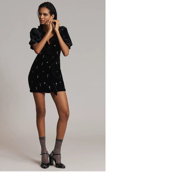 Anthropologie Maeve Short-Sleeve V-Neck Embellished Mini dress 0p new black - Picture 3 of 8